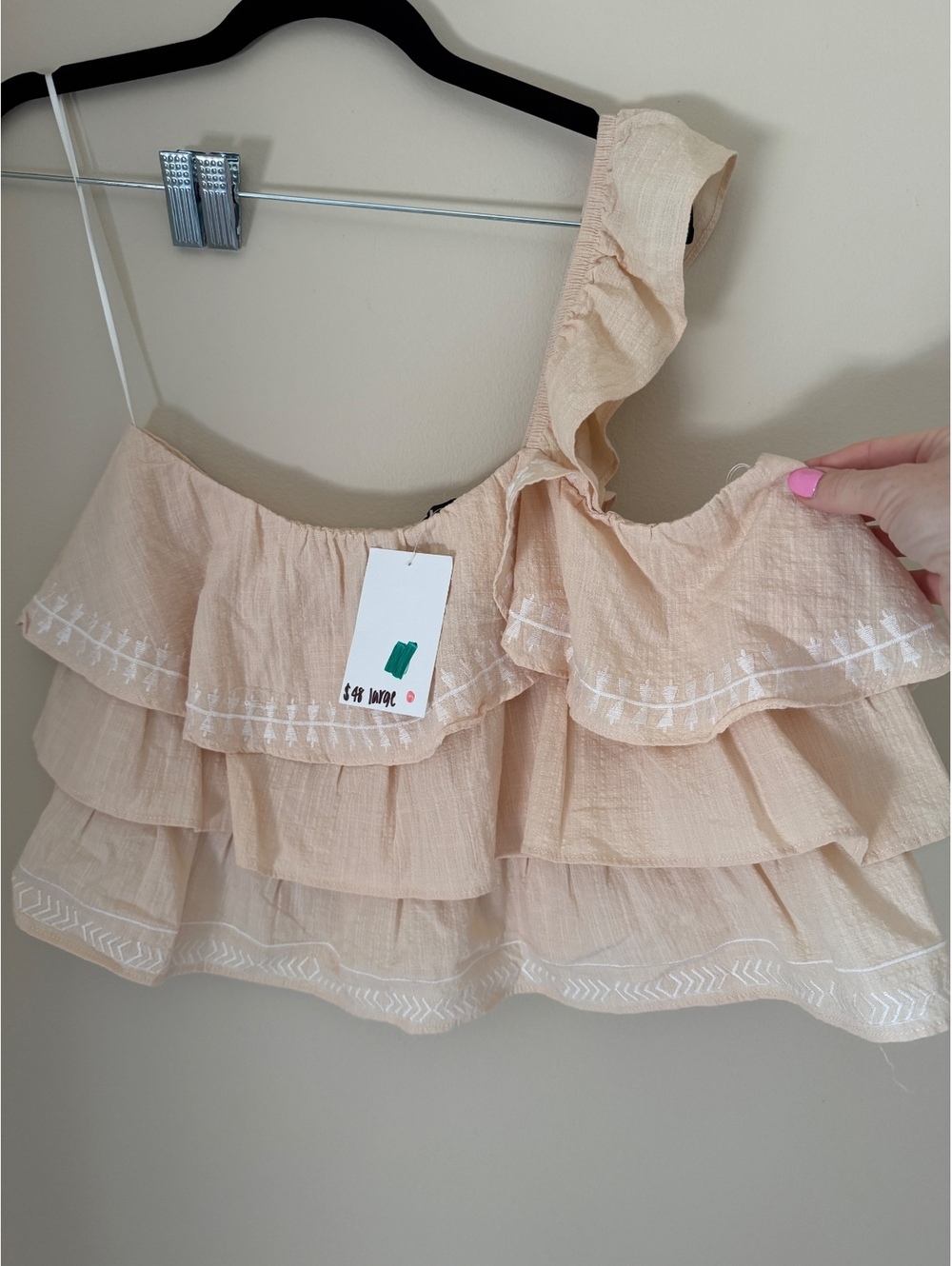 NWT L 100% cotton, embroidered, one shoulder top